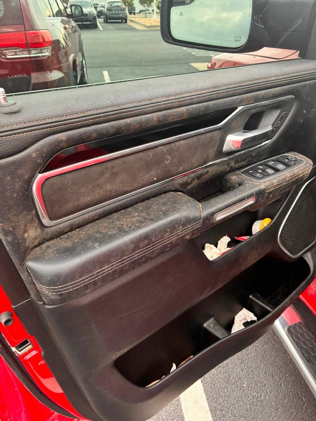 Door panel before detailing, caked in dust