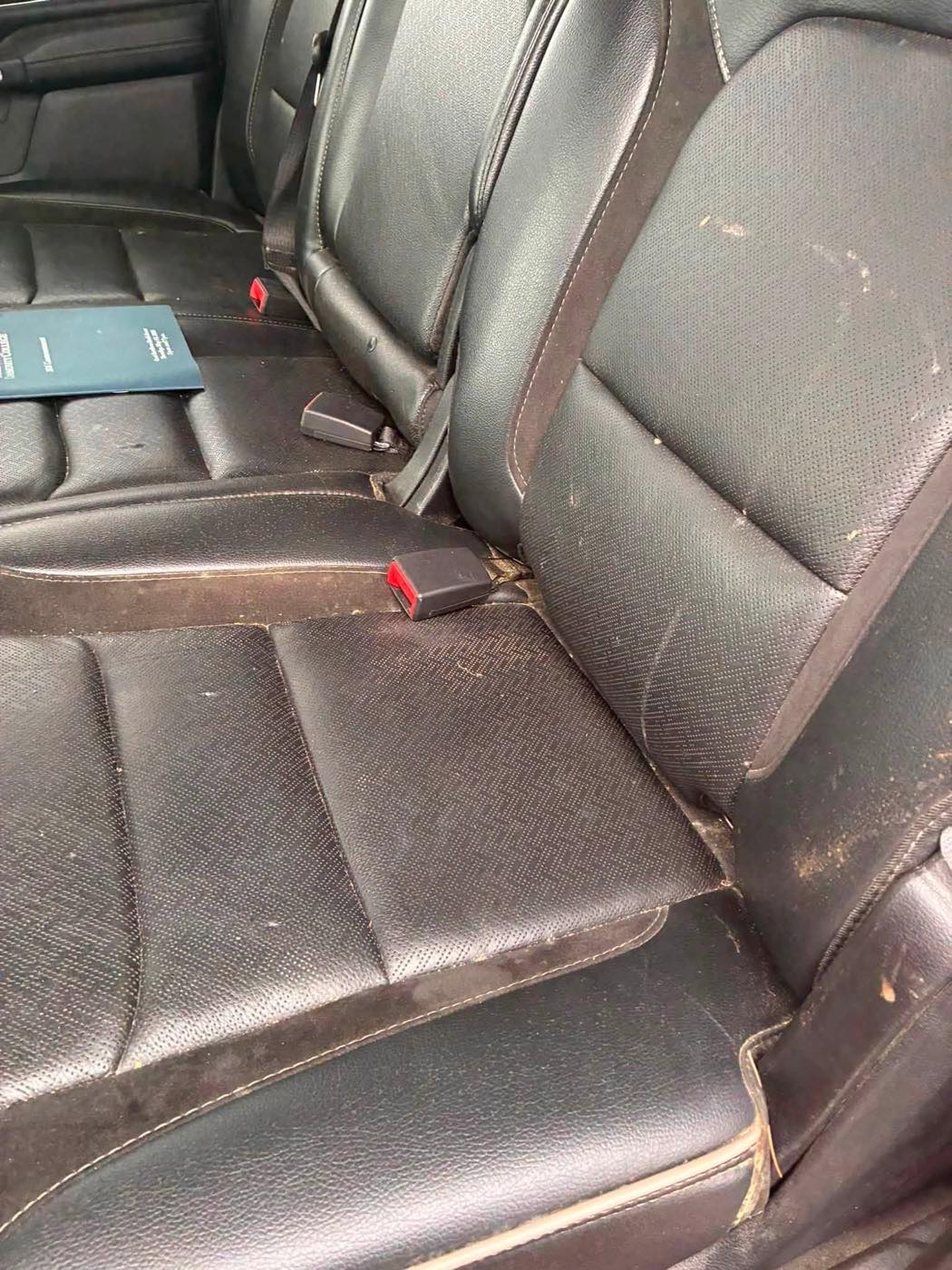 Rear seat before detailing, stained leather